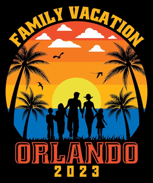 Family vacation Orlando beach palm tree sunset style retro vintage tshirt design vector