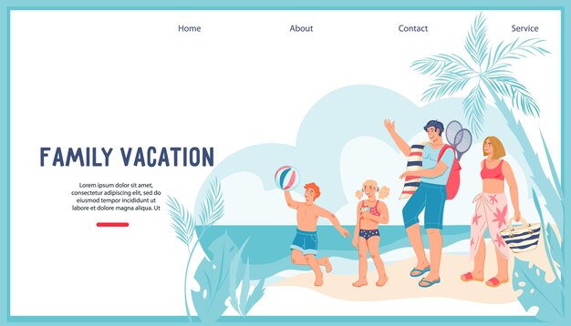 Family vacation website banner template with happy family on the beach flat vector illustration Family summer vacation web page or landing page interface for travel agency or resort