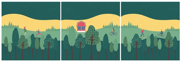 Family vacations farm, farmhouse, rural landscape. Triptych poster, postcard, environmental concept. Design elements with cute texture. Set of flat vector illustrations in cartoon style