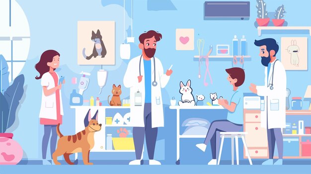 Vector family at veterinarian clinic with man and child healthcare and pet care concept