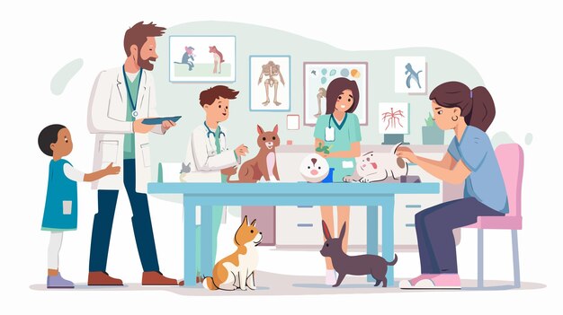 Vector family at veterinarian clinic with man and child healthcare and pet care concept