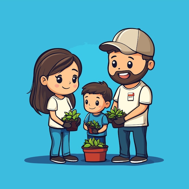 Family Volunteering Together Cartoon Vector