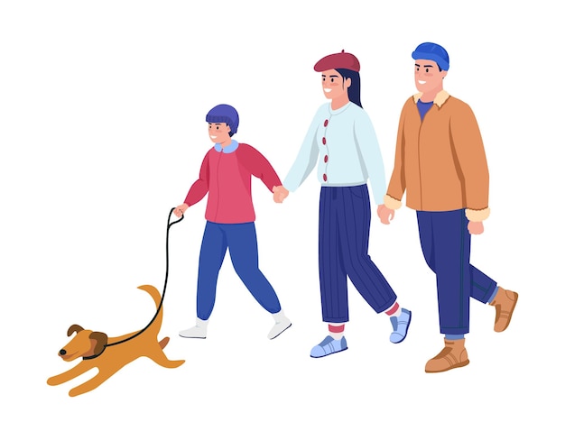 Family walk with dog semi flat color vector characters