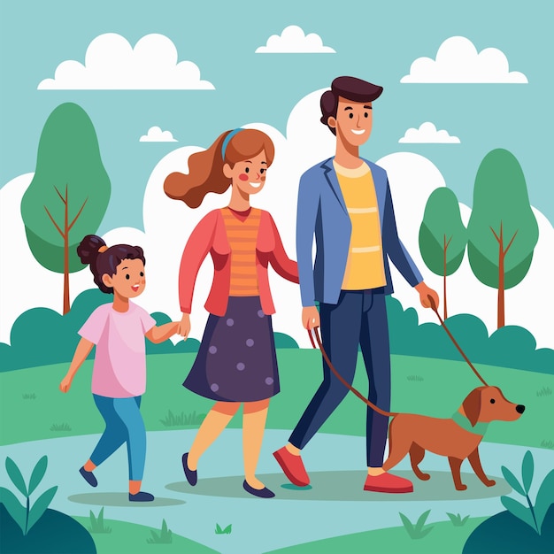 a family walking in a park with a dog