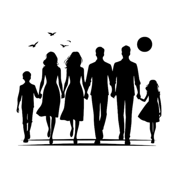 Vector family walking silhouette family holding hands vector on white background