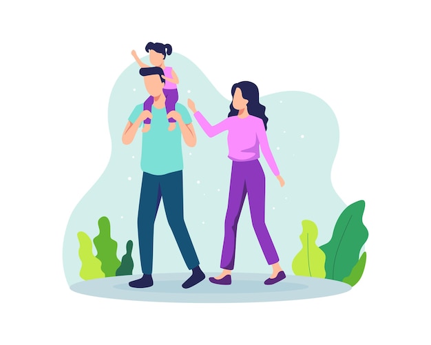 Family walking together in the park. Father holding daughter on his shoulders. Family illustration includes Father, Mother, and Daughter. Vector illustration in a flat style