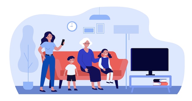 Family watching TV together at home in flat design