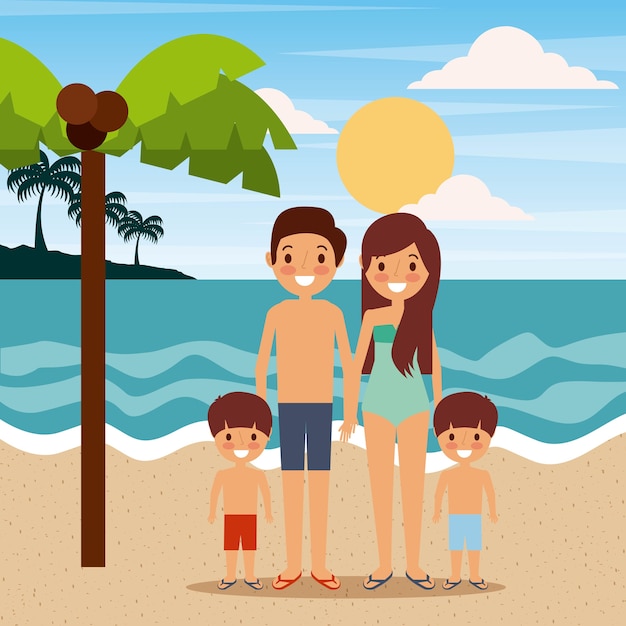 Family wearing swimsuits in the beach sea landscape