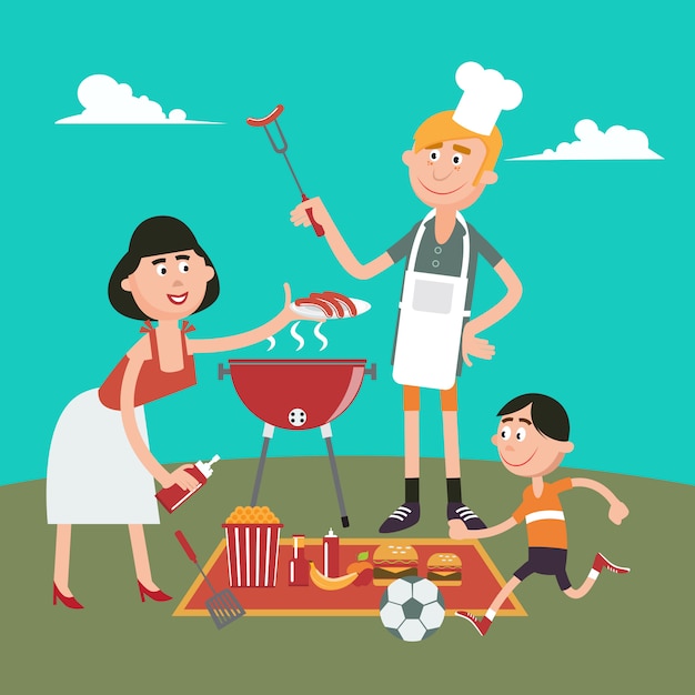 Family Weekend. Happy Family Doing Barbecue on Picnic. Vector illustration