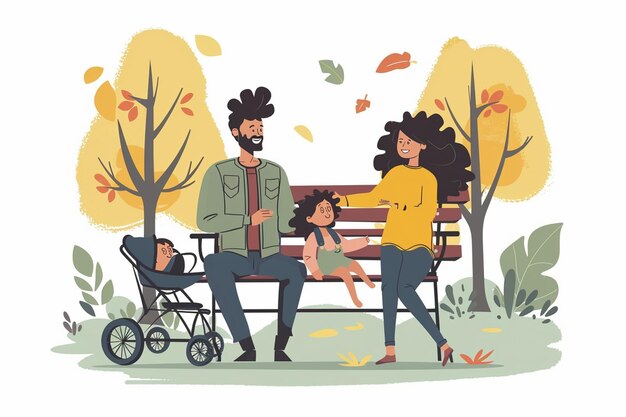 Family With Baby Stroller Bench