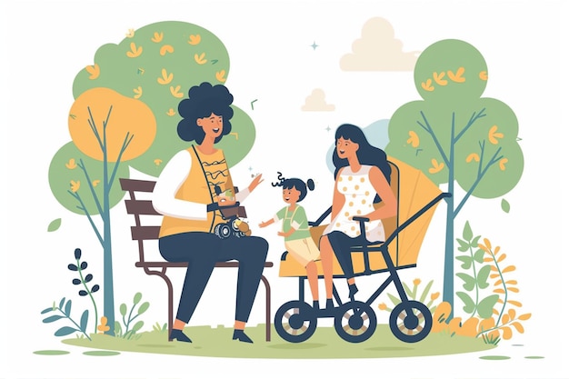 Family With Baby Stroller Bench