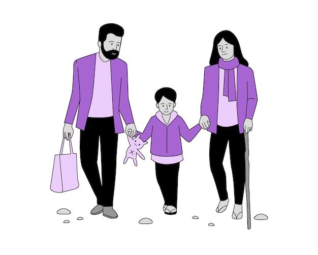 Family with child and walking stick Vector illustration in flat style