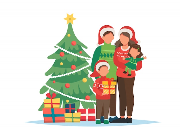 Family with Christmas tree and gifts illustration