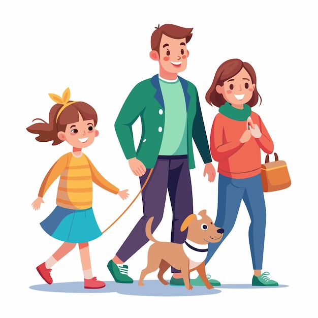 a family with a dog and a man walking with a woman holding a leash