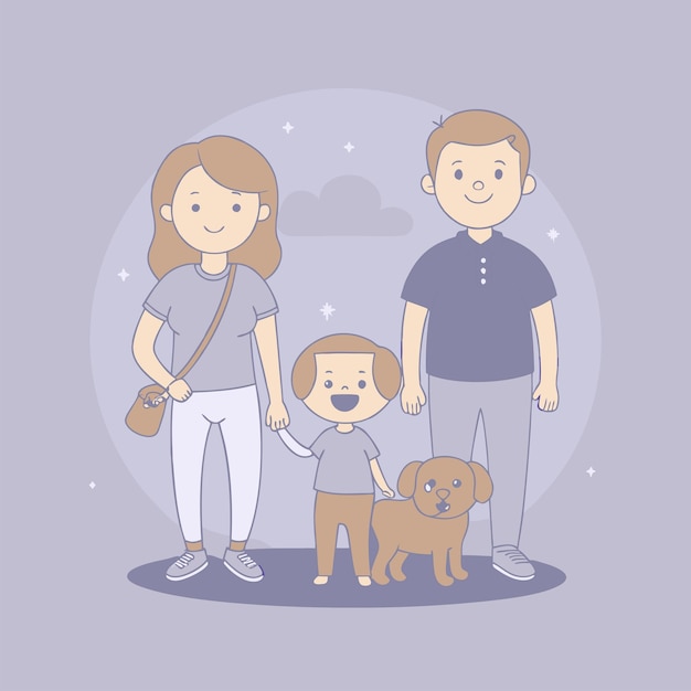 a family with a dog and a woman in a circle