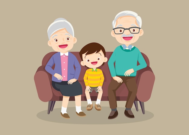 Family with grandchildren and grandparents sitting on the sofa