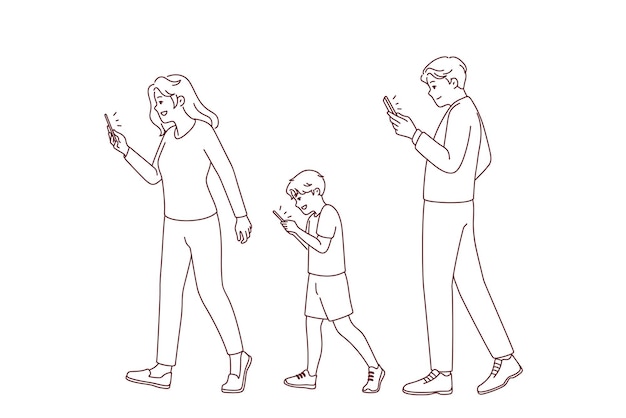 Family with kid addicted to smartphones