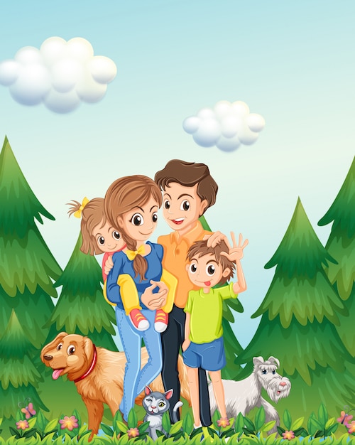 Family in woods scene illustration