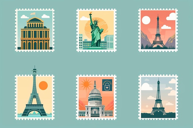 Vector famous landmarks on post stamps