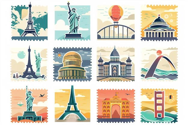 Vector famous landmarks stamp set design