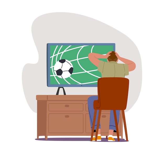 Fan Watching Football Match on Tv Holding Head due to the Goal Male Character Soccer Supporter Sitting on Couch