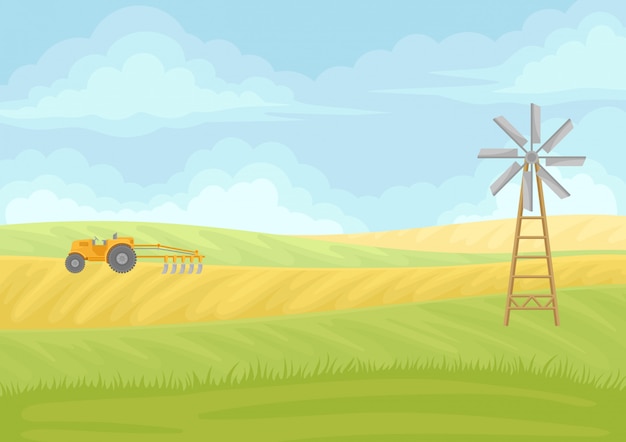 Fan and yellow tractor with plow in the field.