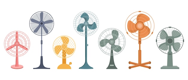 Fans in flat style collection Modern electric fans for airing the room Icons vector