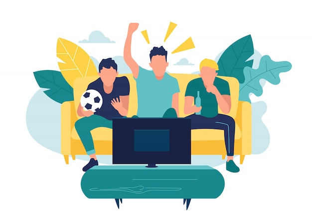 Fans watching the live broadcast of the match on TV and cheer for their team.  illustration in flat style