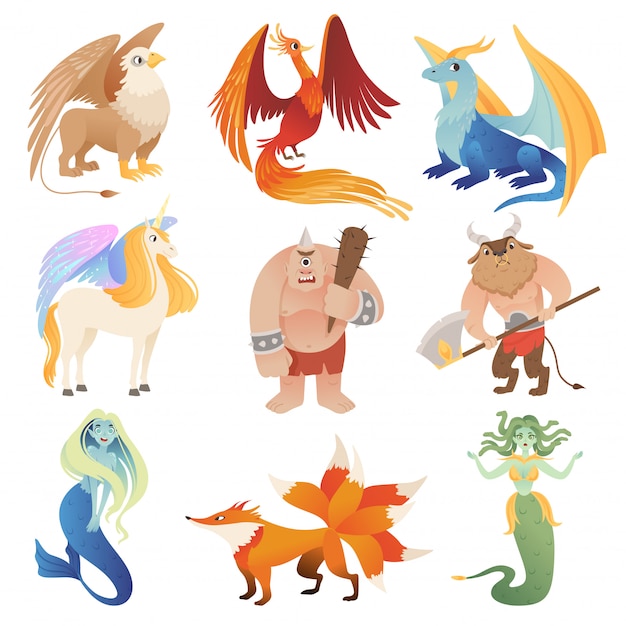 Fantastic creatures. Phoenix dragon hybrid animals flying lion minotaur centaur cartoon pictures