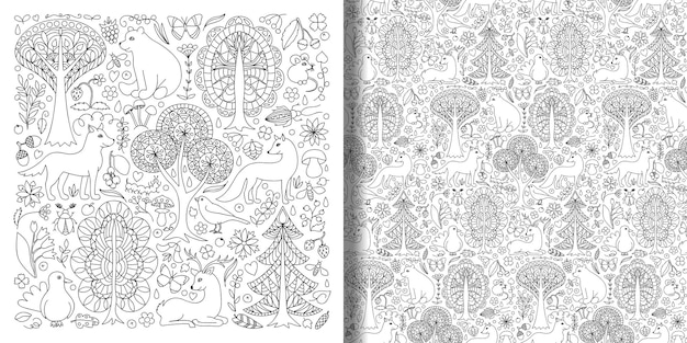 Fantastic fairytale forest animals and plants set and seamless pattern Prints of woodland