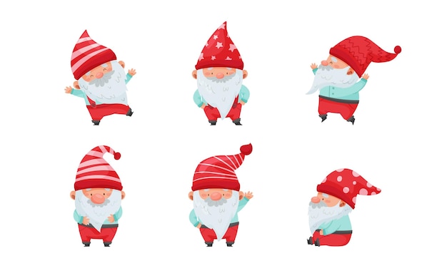 Vector fantastic gnome character with white beard and red pointed hat vector illustration set