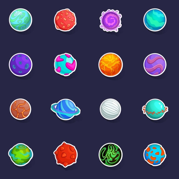 Fantastic planets icons set vector sticker