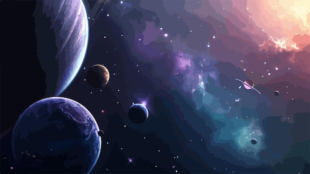 Vector fantastic space with planets against dark background