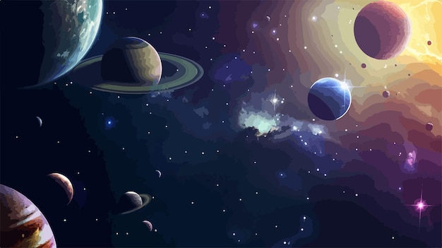 Vector fantastic space with planets against dark background