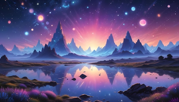 Vector a fantastical colorful landscape with tall jagged mountains reflecting in a still lake