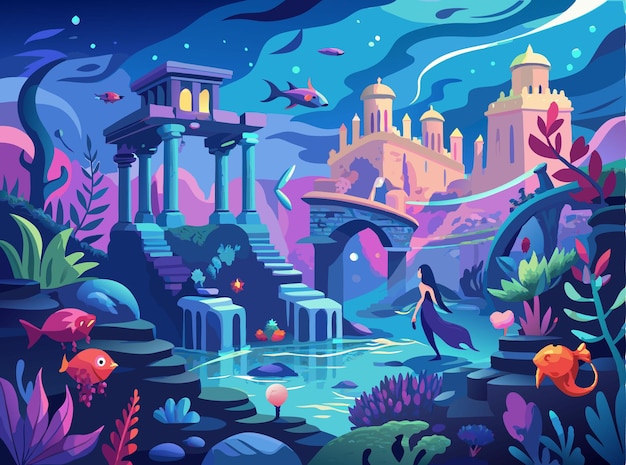 A fantastical underwater kingdom with mermaids ancient ruins and bioluminescent sea creatures