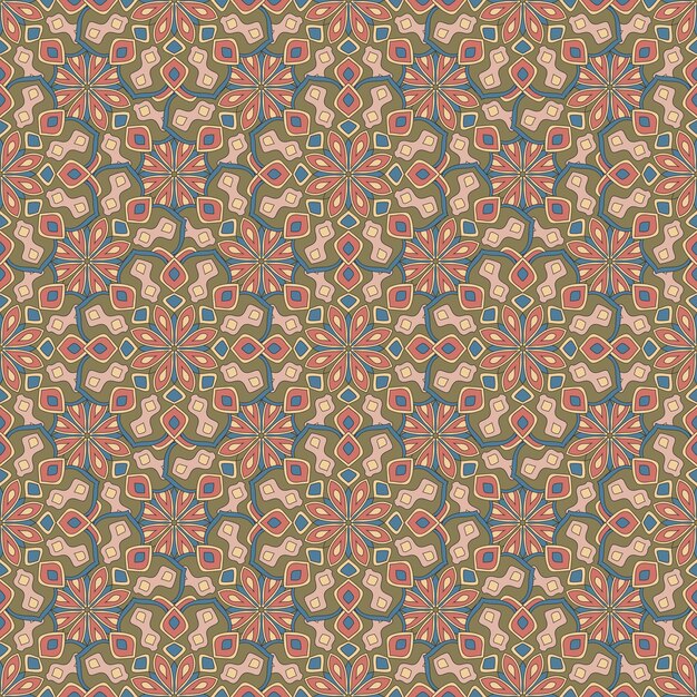 Fantasy abstract seamless pattern with mandala flower. Mosaic, tile, polka dot. Floral background.