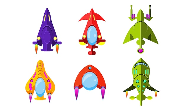 Fantasy aircrafts set colorful airplanes spaceships assets for user interface GUI for mobile apps or video games vector Illustration isolated on a white background