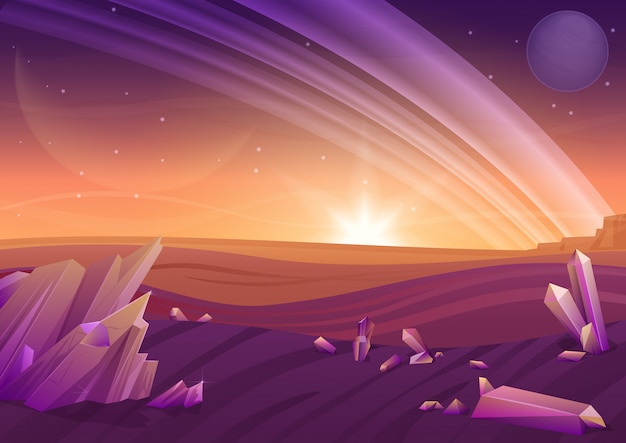 Fantasy alien landscape, another planet nature with rocks in fiels and planets in sky. Game design  galaxy space .