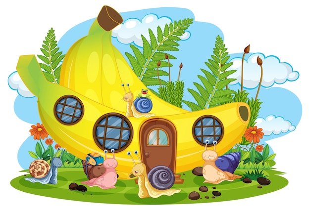 Fantasy banana house with cartoon snails