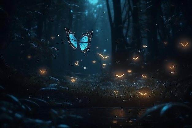 Vector fantasy beautiful forest at night with butterflies