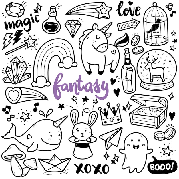 Fantasy black and white doodle illustration