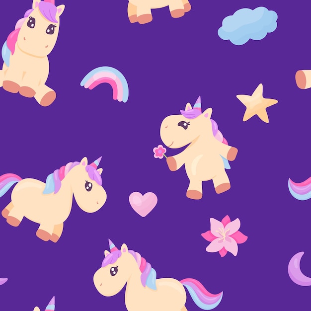 Fantasy cartoon seamless pattern with cute baby unicorn for textile design. Rainbow, cloud and star