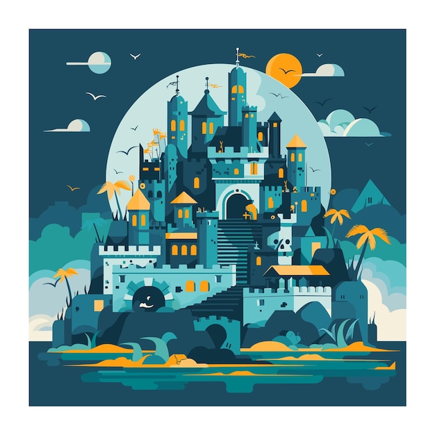 Fantasy castle illustration featuring large fortress night under full moon Majestic castle