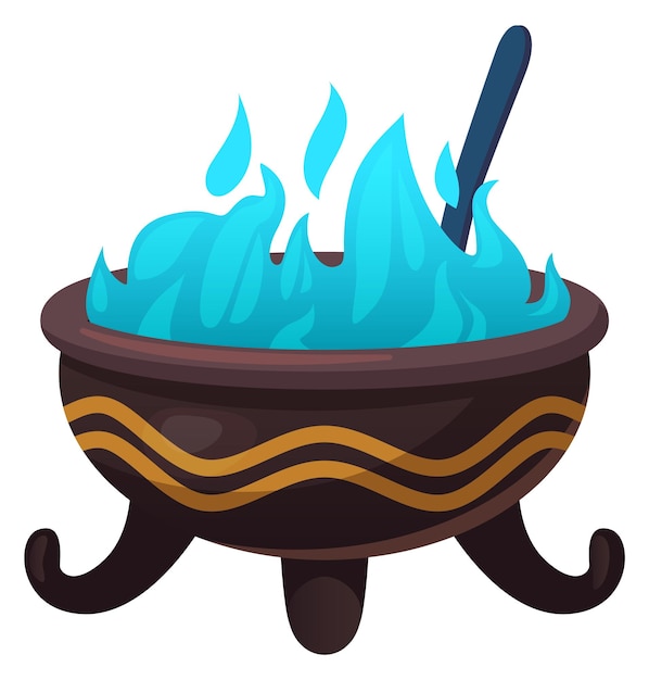 Fantasy cauldron with magic blue elixir cartoon icon