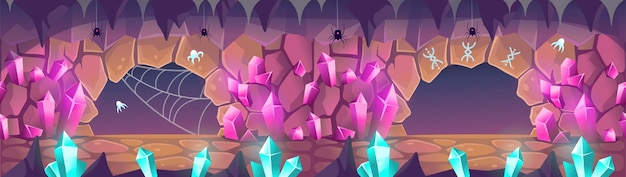 Fantasy cave with crystals spiders and runes cartoon