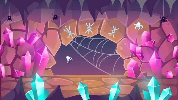 Fantasy cave with crystals spiders and runes Exit from the caveIllustration in cartoon Seamless