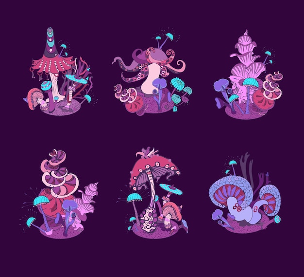 Fantasy decorative set of groups of magic mushrooms various shape on dark background. Beautiful magic landscape, hand drawn concept. Vector illustration.