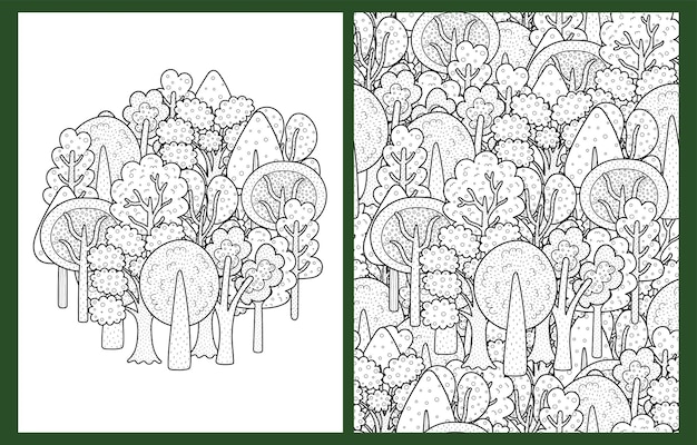 Fantasy doodle forest coloring pages set in US Letter format Black and white hand drawn trees