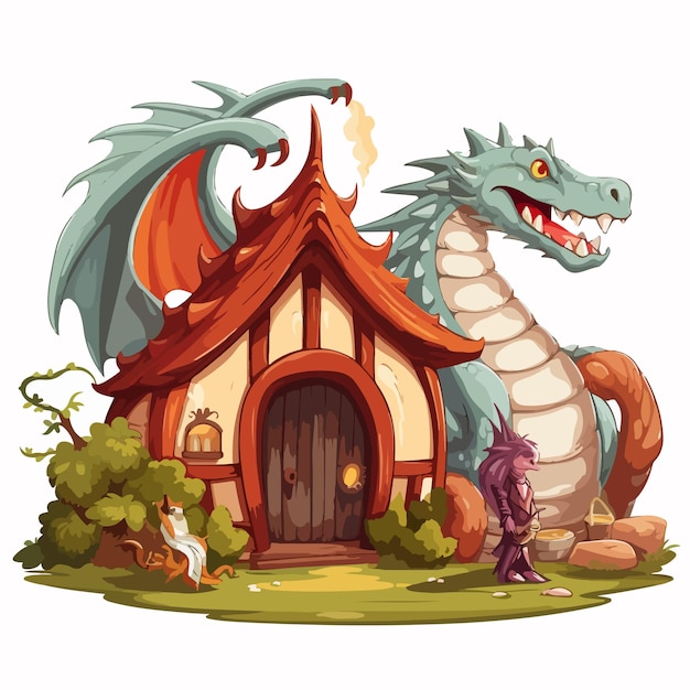 Vector fantasy dragon and knight at hobbit house on white background